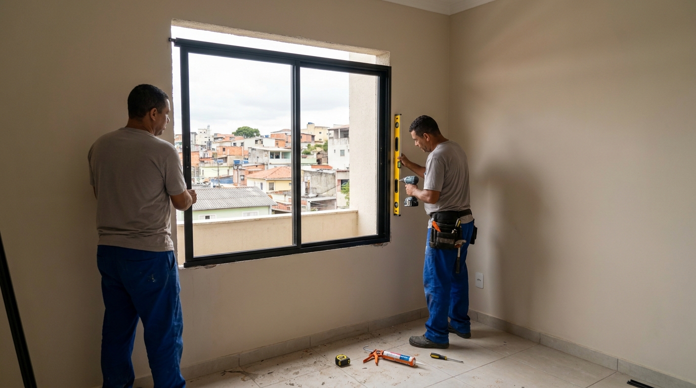 Esquadria de alumínio em quarto bege em Araraquara-SP