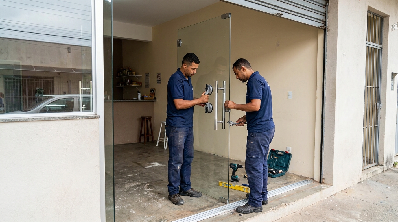 Dupla instalando porta de vidro em loja em Araraquara-SP
