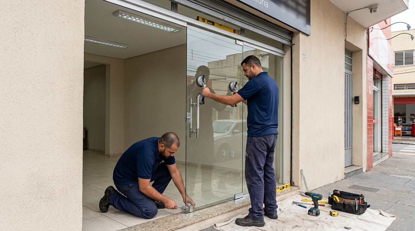 Porta de vidro com puxador inox em Araraquara-SP